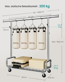 Guarda roupa aberto, Cabide ajustavel com rodas, com prateleira e ganchos 47,5 x (107-149,8) x (144,2-164,2) cm prateado