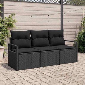 Conjunto de 3 Peças de Sofá de Jardim com Almofadas Preto Rattan Poliéster