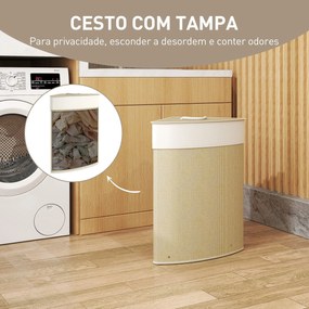 Cesto para Roupa Suja de Bambu de 55L com Tampa e Asa Saco Extraível e Lavável para Casa de Banho Quarto, 35x35x60 cm Creme