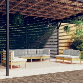 vidaXL 8 pcs conjunto lounge jardim c/ almofadões creme pinho maciço