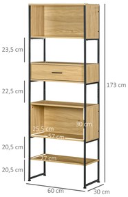 Estante Industrial Estante para Livros com Gaveta e Prateleiras e Estrutura de Metal 60x30x173 cm Madeira e Preto