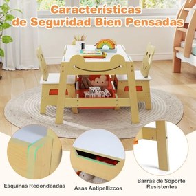 Conjunto Mesa e 2 cadeiras infantis 5 em 1 com tampo reversível preto e branco com Detalhe Curvo, 4 ganchos, compartimentos e recipientes natural
