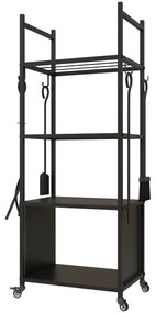 Outsunny Suporte para Lenha com Rodas de 4 Níveis com Pá Escova Atiçador e Tenaz para Interior e Exterior 45x30x118 cm Preto | Aosom Portugal