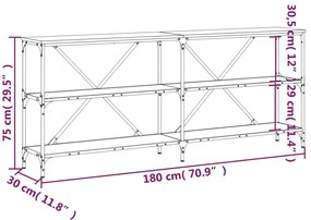 Mesa consola 180x30x75 cm derivados madeira/ferro cinza sonoma