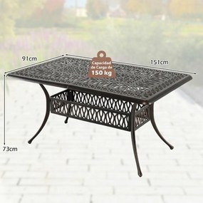 Mesa de jardim de exterior retangular 151 x 91 x 73 cm em alumínio fundido com orifício para guarda-sol de 5 cm, estilo vintage