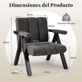 Poltrona lounge acolchoada com braços e estrutura em metal moderna Cinza + Preto