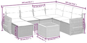 8 pcs conjunto sofás de jardim c/ almofadões vime PE cinzento