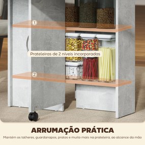 Mesa de Sala de Jantar Dobrável com 2 Prateleiras de Armazenamento (CADEIRAS NÃO INCLUIDAS) e Rodas para Cozinha 75x140x74 cm Cinza