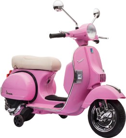 AIYAPLAY Mota Elétrica Infantil 12V Vespa PX150 com Rodinhas de Apoio, 2 Motores, Suspensão Traseira, Música e Faróis, 3 km/h, Rosa | Aosom Portugal