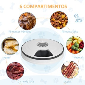 Comedouro Automático para Cães e Gatos com Temporizador Ecrã LED Digital 6 Tigelas 128 ml e 4 Comidas Diárias Ø30,5x7,2 cm Branco