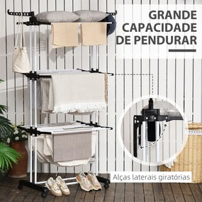 Estendal Dobrável para Roupa com Rodas Estendal Vertical de Aço com 3 Níveis Laterais Dobráveis Carga Máxima 70kg 73x64x177cm Preto e Branco