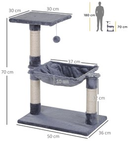 Árvore Arranhador para Gatos Torre para Gatos 50x36x70 cm com Rede Plataforma Poste de Sisal e Bola Suspensa Cinza