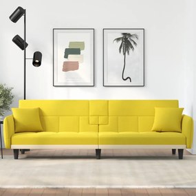 vidaXL Sofá-cama com suportes para copos tecido amarelo-claro