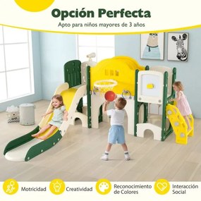 Conjunto de escorrega para crianças 10 em 1 Escalador com quadro magnético Telescópio Lançamento de aros Cesto Túnel Corredor amarelo