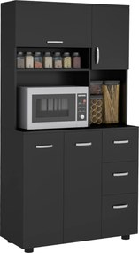 Armário de cozinha com vários compartimentos, 4 portas, 3 gavetas, prateleira + tabuleiro grande, 89 x 39,5 x 168 cm, preto