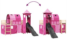 Cama alta para criança com torre 90x200 cm pinho maciço rosa