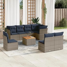 vidaXL 9 pcs conjunto sofás p/ jardim c/ almofadões vime PE cinzento