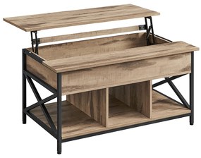 Mesa de centro elevatória, espaço aberto + oculto, estrutura em X, 60 x 100 x (48-62) cm, castanho camelo/preto