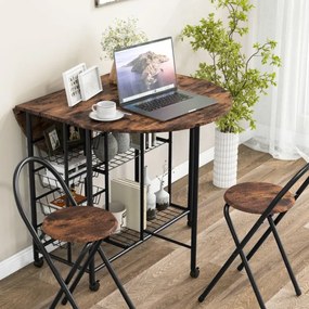 Conjunto de mesa e cadeiras dobráveis ​​de 3 peças, mesa dobrável versátil com 2 prateleiras, 2 bancos para cozinha, sala de jantar, bar, Castanho Esc