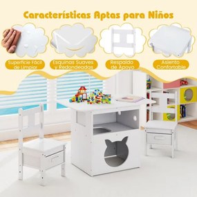 Conjunto de mesa e cadeiras infantil 2 em 1 com casinha para gatos e janela transparente. Inclui cubos de tecido para crianças com mais de 3 anos. Bra