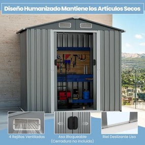 Abrigo Jardim 196 x 142 cm de armazenamento para exterior com 4 ventilações Portas Rampa Luvas Organizador de ferramentas Cinza