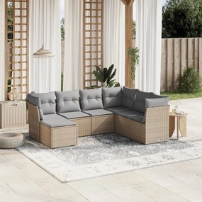 7 pcs conj. sofás jardim c/ almofadões vime PE bege misturado