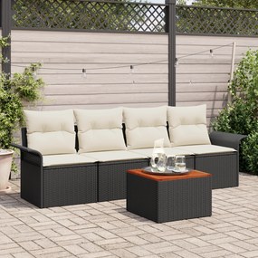 vidaXL Conjunto de Sofá de Jardim 5 Peças com Almofadas Preto Vime PE Acácia