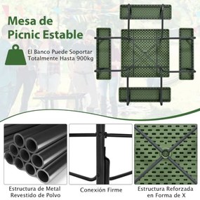 Conjunto de mesa e bancos de piquenique  para 8 pessoas com 4 bancos e orifício para guarda-sol, estrutura em metal verde