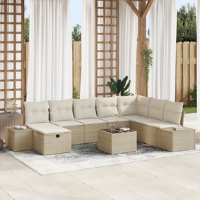 Conjunto de Sofá de Jardim de 9 Peças com Almofadas Bege de Rattan