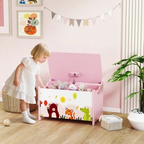 Baú de Brinquedos com Tampa Rebatível Fecho Suave Alças e Estampados de Animais 60x37x39 cm Rosa