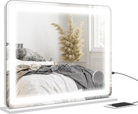 Espelho com iluminação LED  80 x 62 cm, 3 modos de iluminação, ampliação de 10x, porta de carregamento USB, botão tátil branco