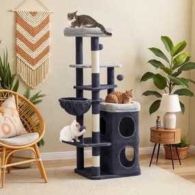 Arranhador Gatos 52 x 46 x 150 cm de vários andares com cavidades e recanto para descansar cinzento escuro