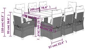 9 pcs conjunto de jantar p/ jardim com almofadões vime PE bege