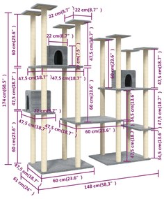 Árvore p/ gatos c/ postes arranhadores sisal 174 cm cinza-claro