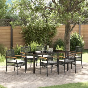 vidaXL Conjunto de Jantar de Jardim 7 Peças com Almofadas Preto Vime Poliéster