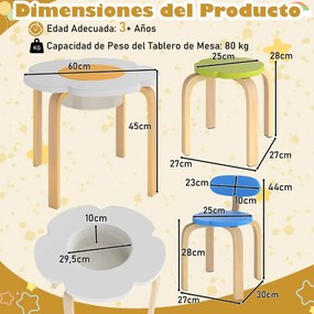 Conjunto de mesa infantil em forma de flor com 2 cadeiras e 2 bancos coloridas e arrumação debaixo da mesa de madeira para atividades artísticas e man
