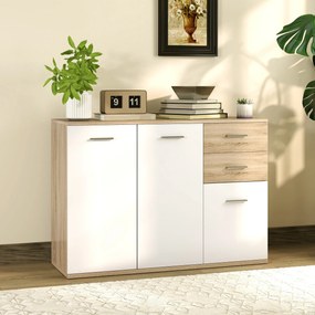 Aparador de sala, móvel de arrumação com 2 gavetas, 3 portas e prateleira ajustável, 106 x 35 x 76 cm, branco e madeira natural
