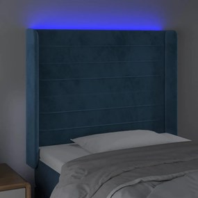 Cabeceira cama c/ luzes LED veludo 103x16x118/128cm azul-escuro