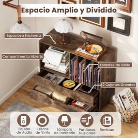 Suporte para gira-discos e para discos de vinil 91 x 36 x 87 cm com compartimento aberto 4 prateleiras e 2 gavetas e pés de metal castanho