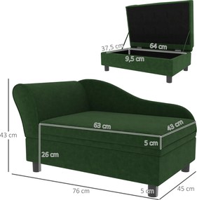 Cama para cães e gatos 76 x 45 x 43 cm com pés e baú de arrumação, estilo moderno, almofada de assento removível, verde