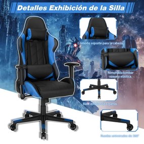 Cadeira giratória para gaming ergonómica para computador Reclinável Ajustável em estilo Carrera com almofada lombar Azul e preta
