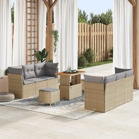 Conjunto de Sofá de Jardim de 9 Peças com Almofadas Bege Rattan Poliéster Acácia