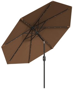 Outsunny Chapéu de Sol com 32 Luzes LED Solares Ø265x233cm Chapéu de Sol Inclinável com Manivela e Mastro de Aço para Terraço Pátio Exterior Marrom