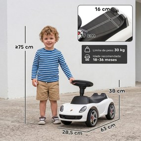 Carro sem Pedais para Crianças 18-36 Meses com Licença Porsche, 2 Faróis, Buzina e Som de Arranque, 63x28,5x38 cm, Branco