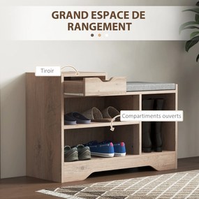 Banco para sapatos com 1 gaveta e 3 compartimentos, com almofada estofada com capacidade para 5 pares, 76,5 x 30 x 52 cm, cinzento