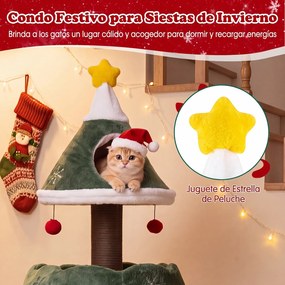 Árvore Rascadora para Gatos de Natal, 49 x 49 x 143 cm, 3 Níveis com Casinha Superior, Verde