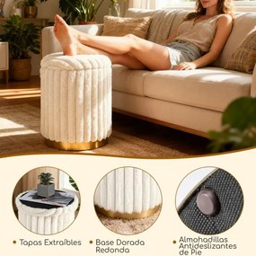 Conjunto de 2 pufe modernos 32 L + 21 L Pufes redondos estofados em pele de coelho com tampas removíveis e espaço bege