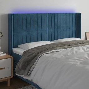 Cabeceira cama c/ luzes LED veludo 183x16x118/128cm azul-escuro