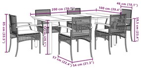 7 pcs conjunto de jantar p/ jardim c/ almofadões vime PE cinza