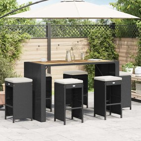 Bancos de bar com almofadões para jardim 6 pcs vime PE preto